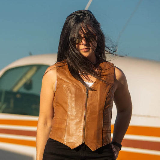 Women's Western Style Whiskey Brown Leather Motorcycle Vest- Savannah