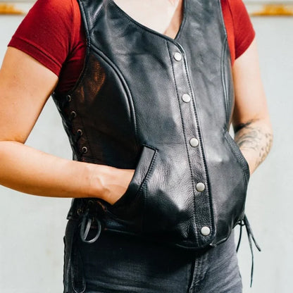 Women's "Honey Badger" Motorcycle Leather Vest Tall