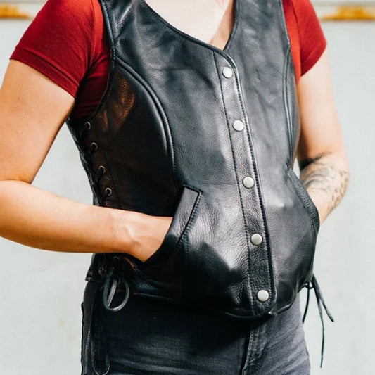 Women's "Honey Badger" Motorcycle Leather Vest Tall