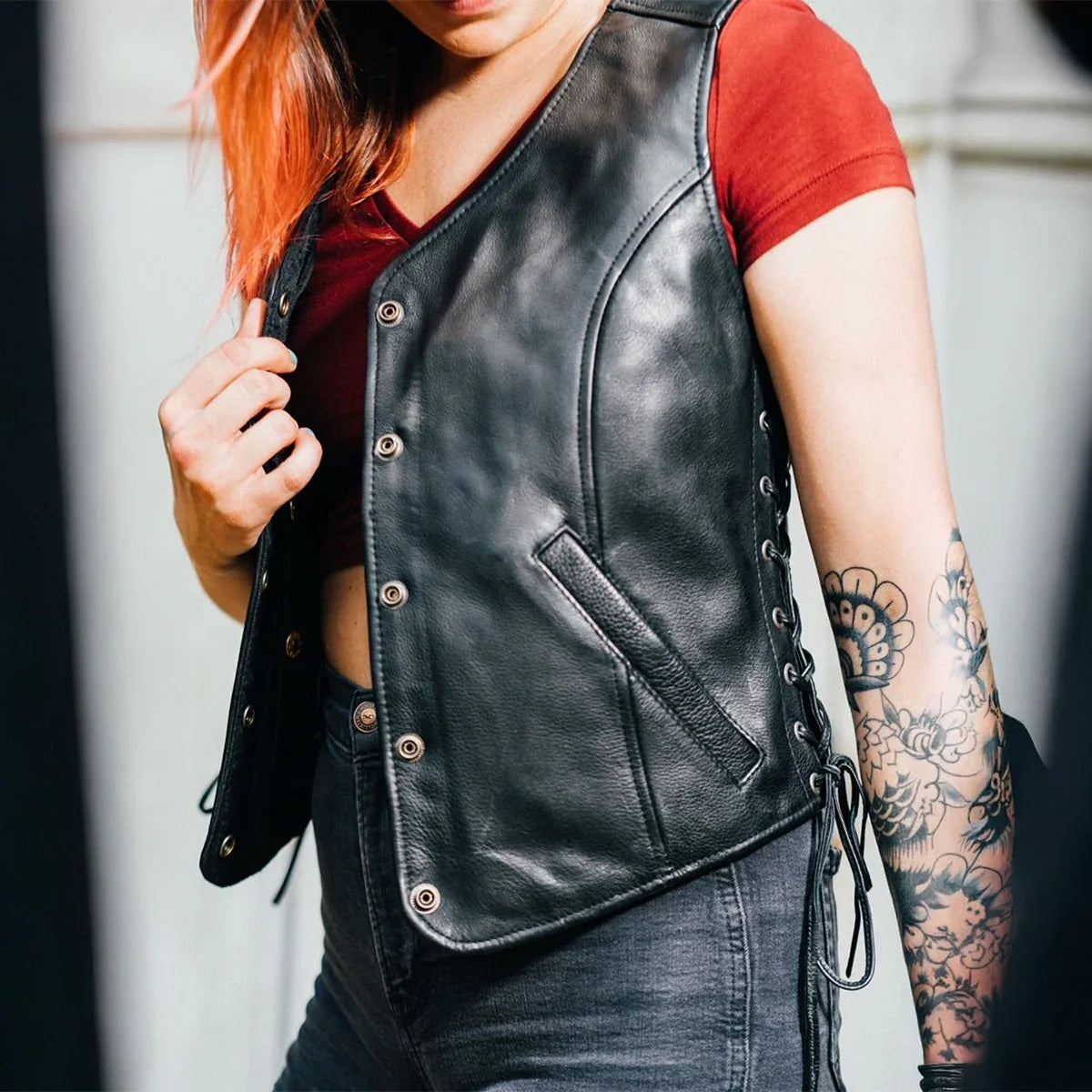 Women's "Honey Badger" Motorcycle Leather Vest Tall