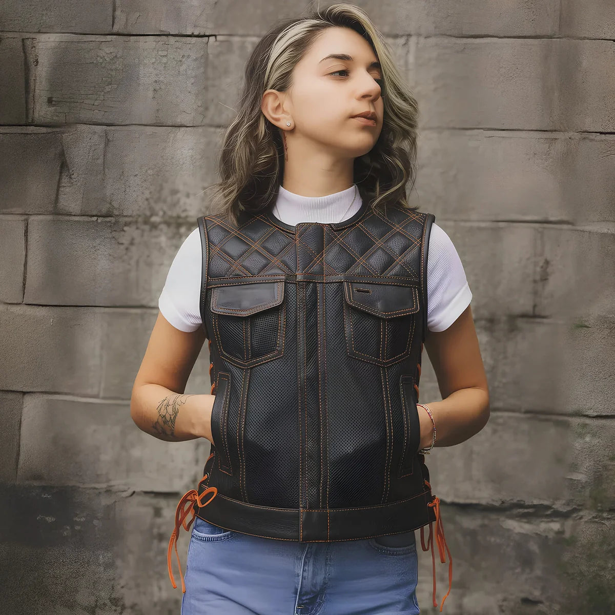 Women's perforated "Bonnie" Motorcycle Leather Vest