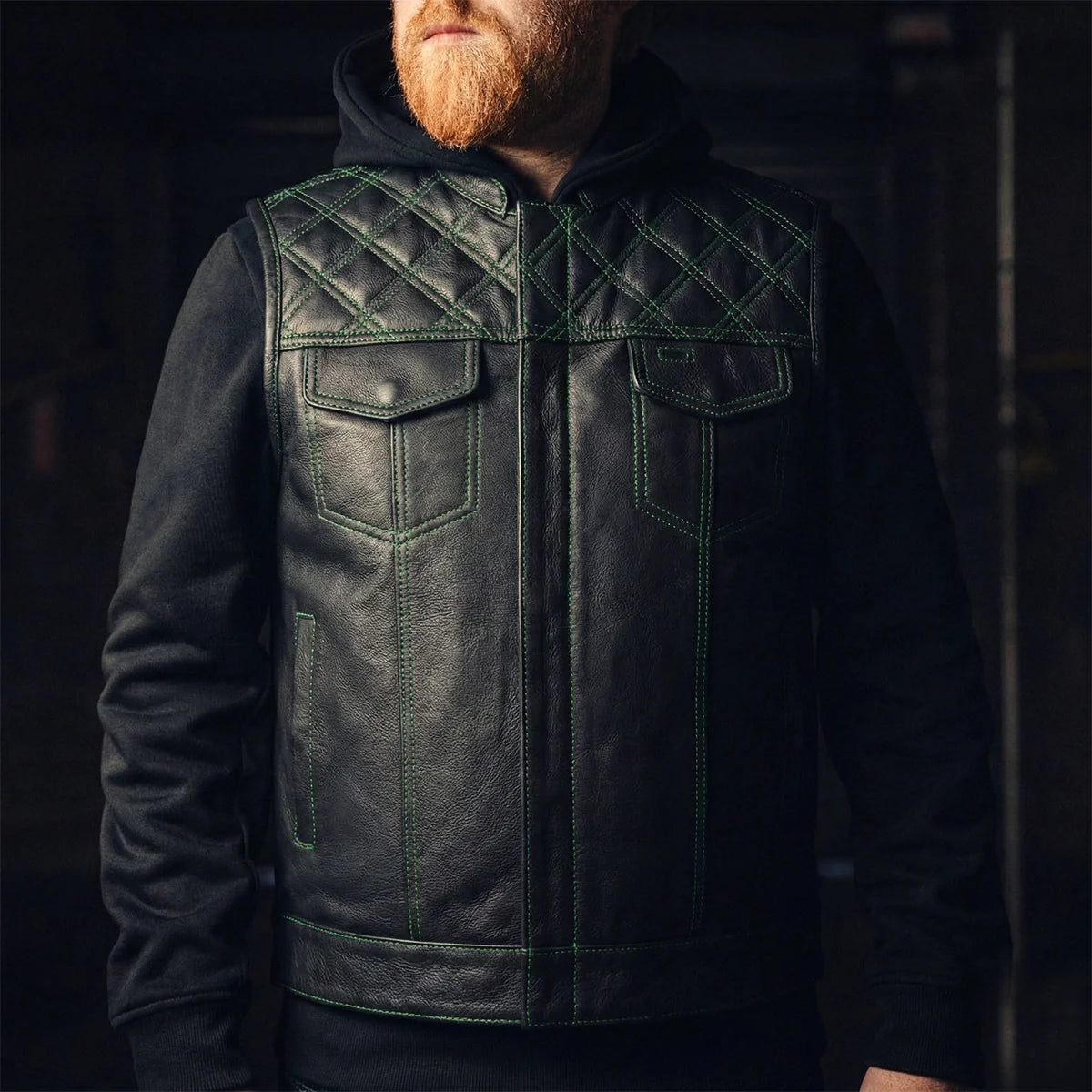 Men's Club Style Leather Motorcycle Vest- Green stitching with Green Paisley lining