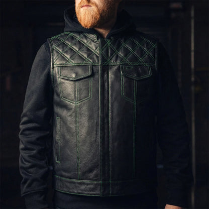 Men's Club Style Leather Motorcycle Vest- Green stitching with Green Paisley lining