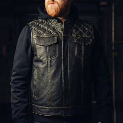 Men's Club Style Leather Motorcycle Vest- Green stitching with Green Paisley lining