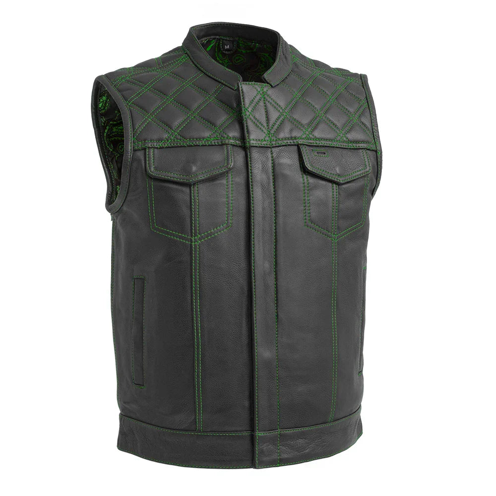 Men's Club Style Leather Motorcycle Vest- Green stitching with Green Paisley lining