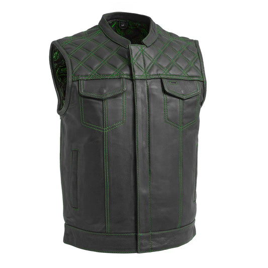 Men's Club Style Leather Motorcycle Vest- Green stitching with Green Paisley lining