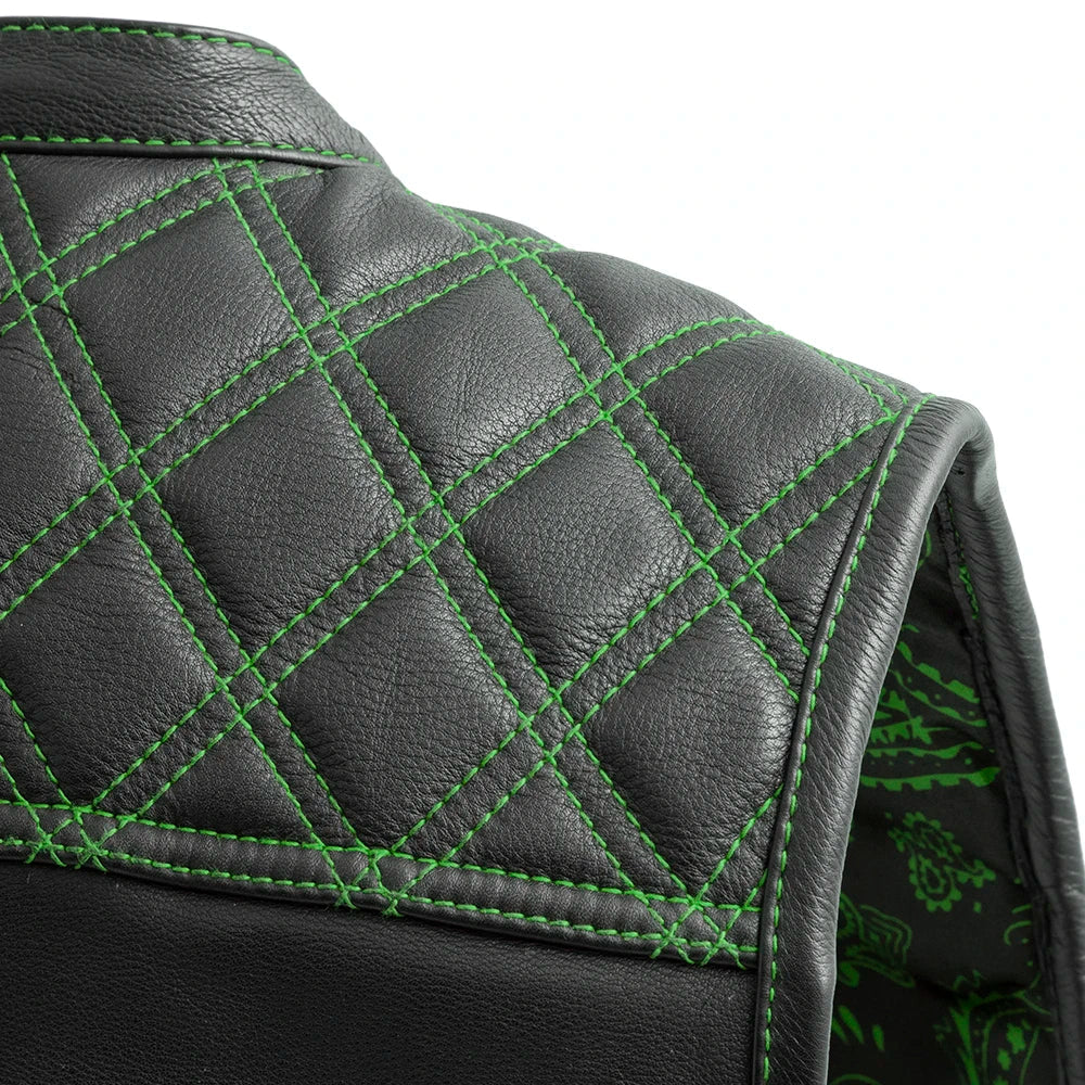 Men's Club Style Leather Motorcycle Vest- Green stitching with Green Paisley lining