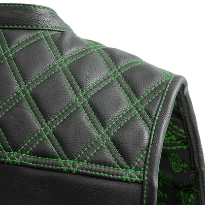 Men's Club Style Leather Motorcycle Vest- Green stitching with Green Paisley lining
