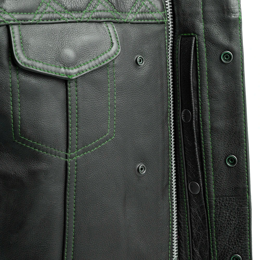 Men's Club Style Leather Motorcycle Vest- Green stitching with Green Paisley lining