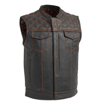 Men's Club Style Leather Motorcycle Vest- Green stitching with Green Paisley lining