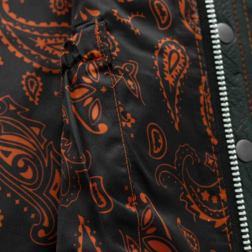 Men's Club Style Leather Motorcycle Vest- Green stitching with Green Paisley lining