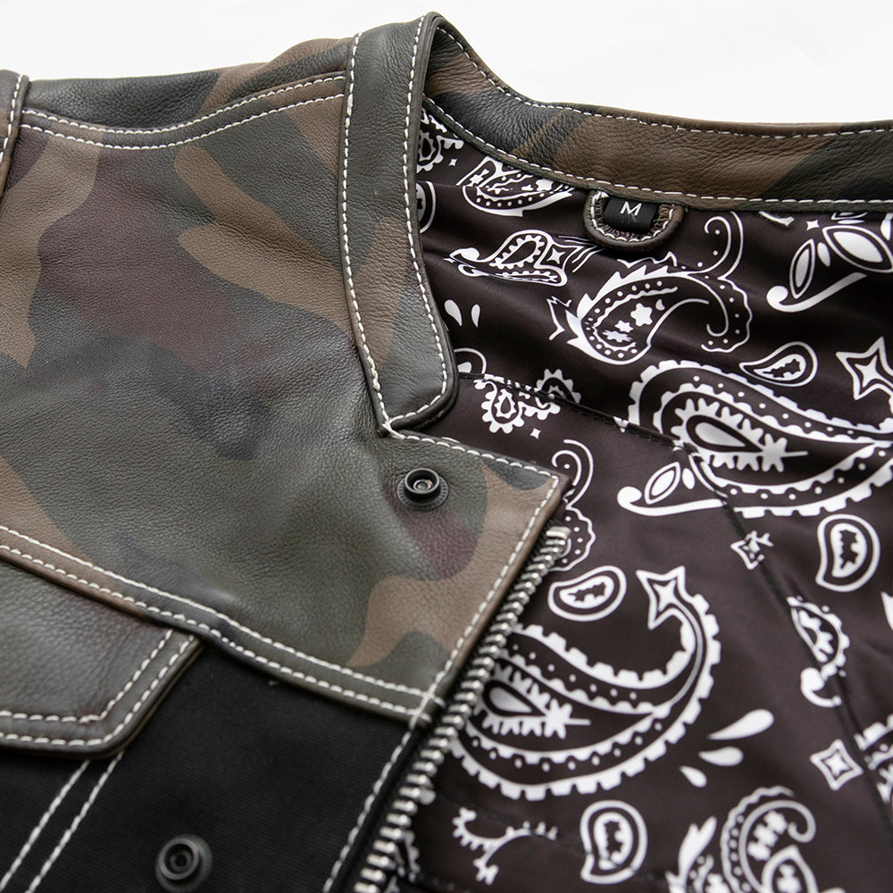 Men's Motorcycle Club Style Camo Leather and Black Canvas Vest