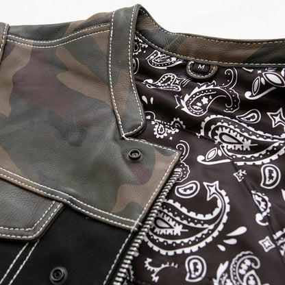 Men's Motorcycle Club Style Camo Leather and Black Canvas Vest