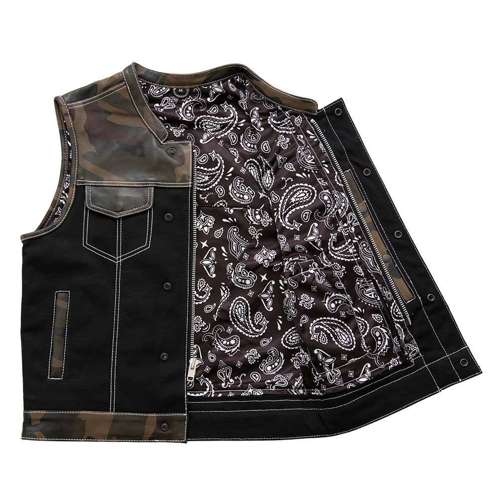 Men's Motorcycle Club Style Camo Leather and Black Canvas Vest