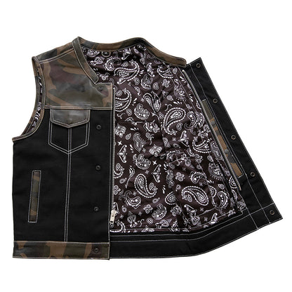 Men's Motorcycle Club Style Camo Leather and Black Canvas Vest