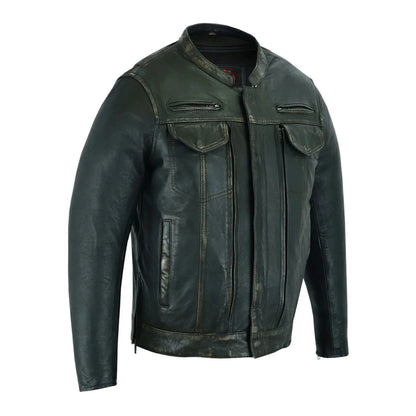 Men's Modern Utility Style Riding Jacket in Lightweight Drum Dyed Distressed Naked Lambskin