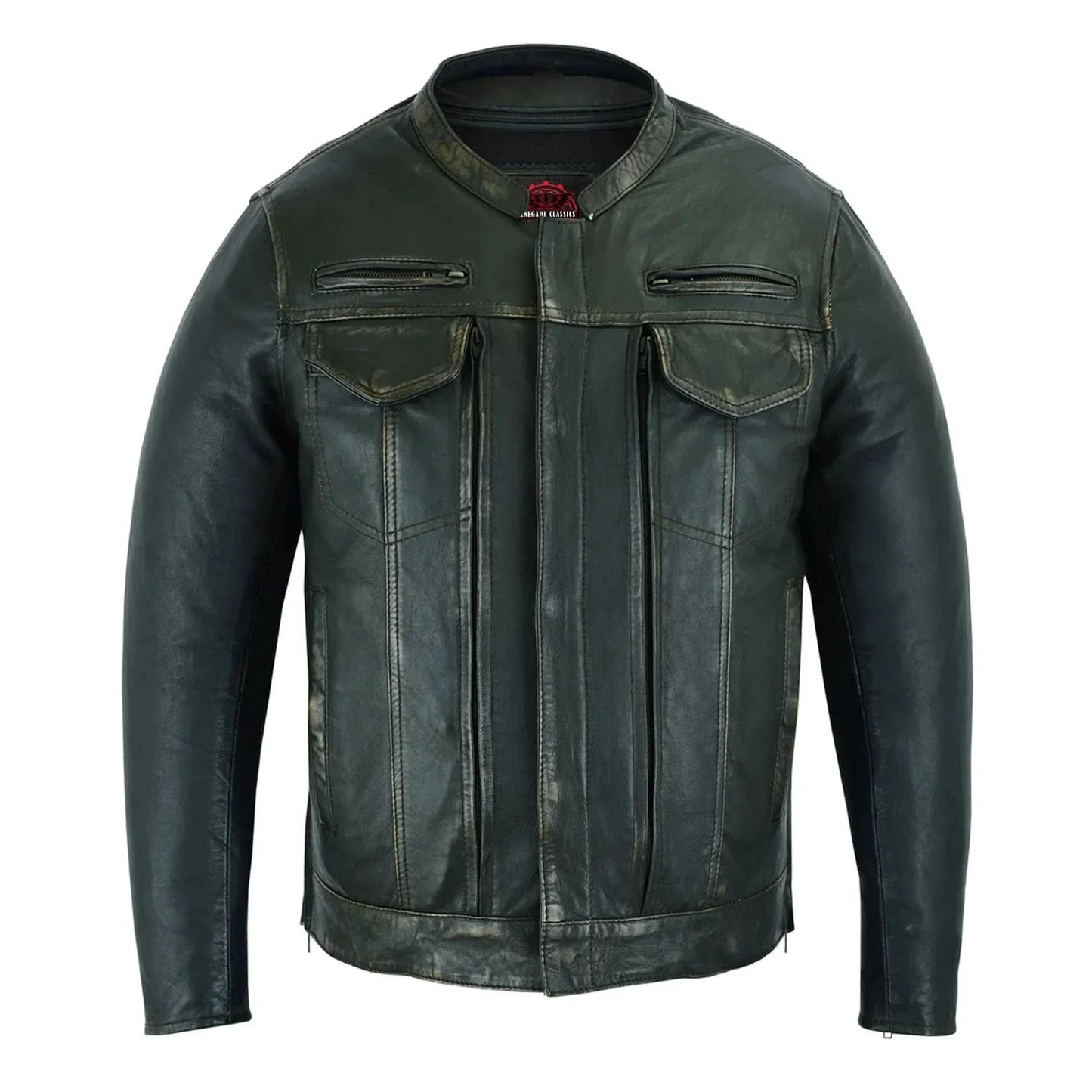 Men's Modern Utility Style Riding Jacket in Lightweight Drum Dyed Distressed Naked Lambskin