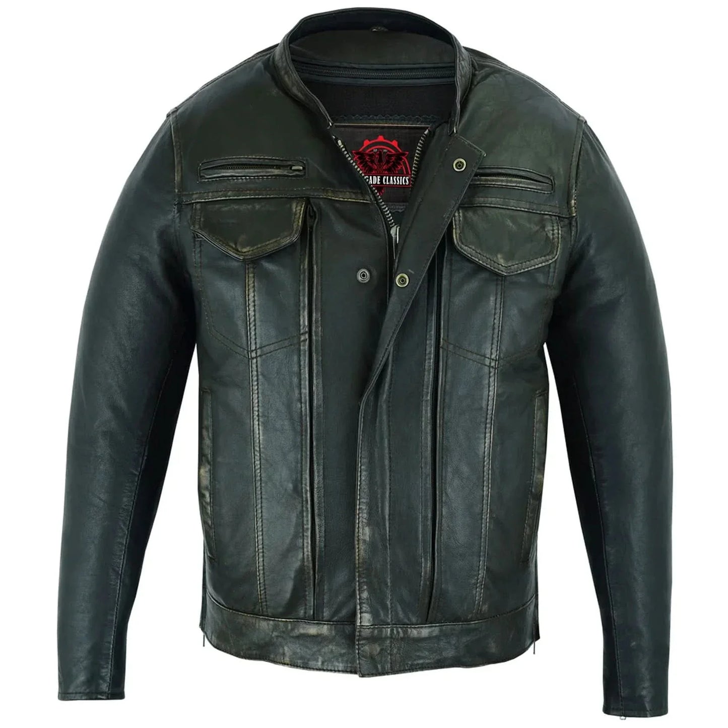 Men's Modern Utility Style Riding Jacket in Lightweight Drum Dyed Distressed Naked Lambskin