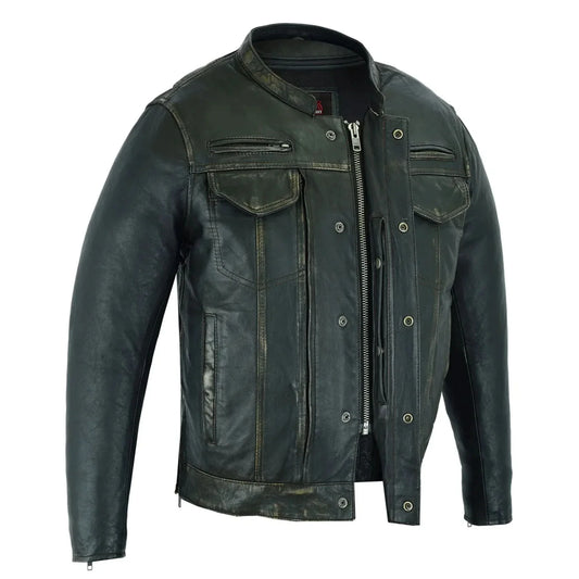 Men's Modern Utility Style Riding Jacket in Lightweight Drum Dyed Distressed Naked Lambskin