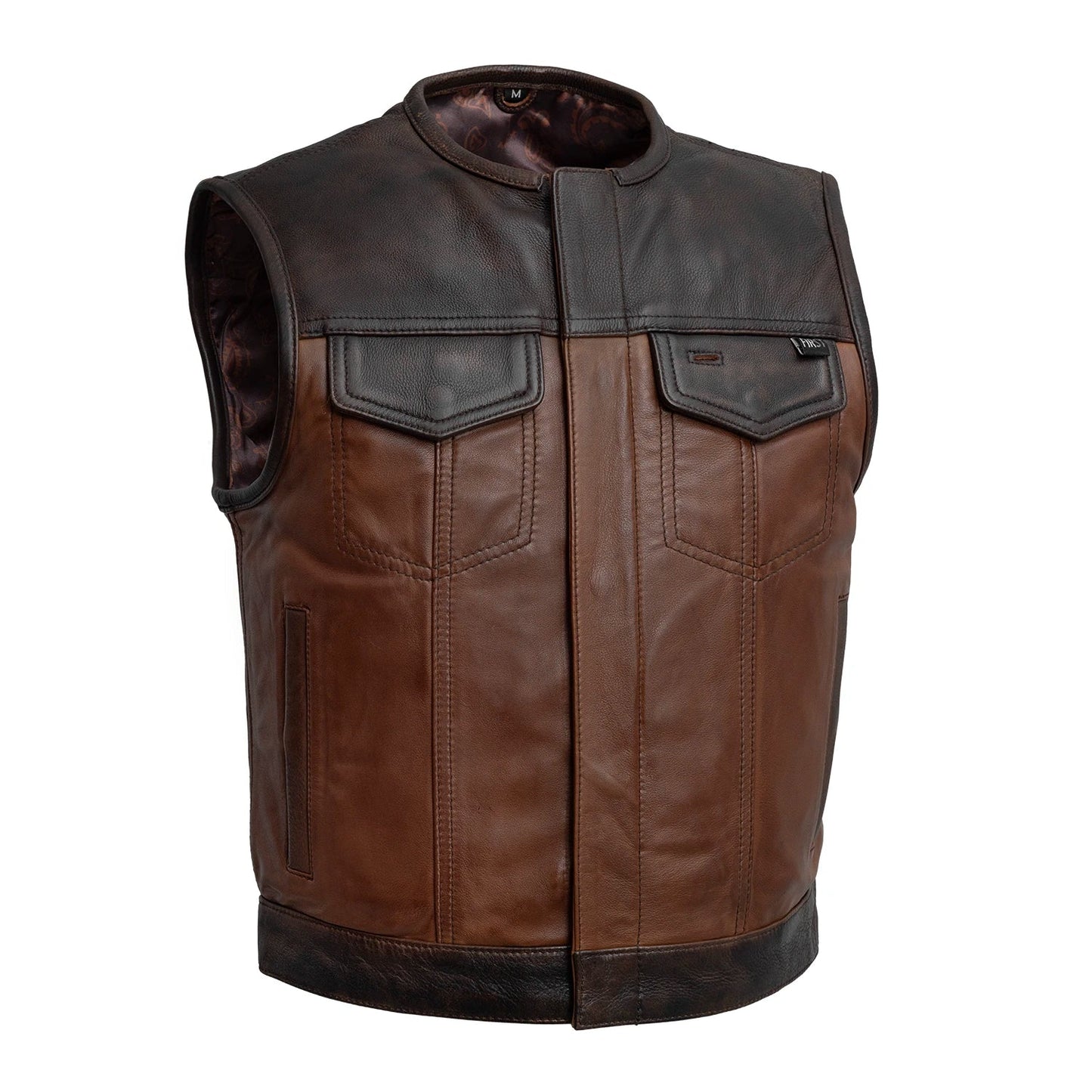 Men's Club Style Leather Motorcycle Vest- "Lowside" two-tone