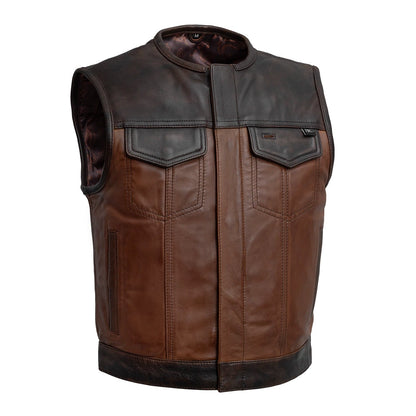 Men's Club Style Leather Motorcycle Vest- "Lowside" two-tone