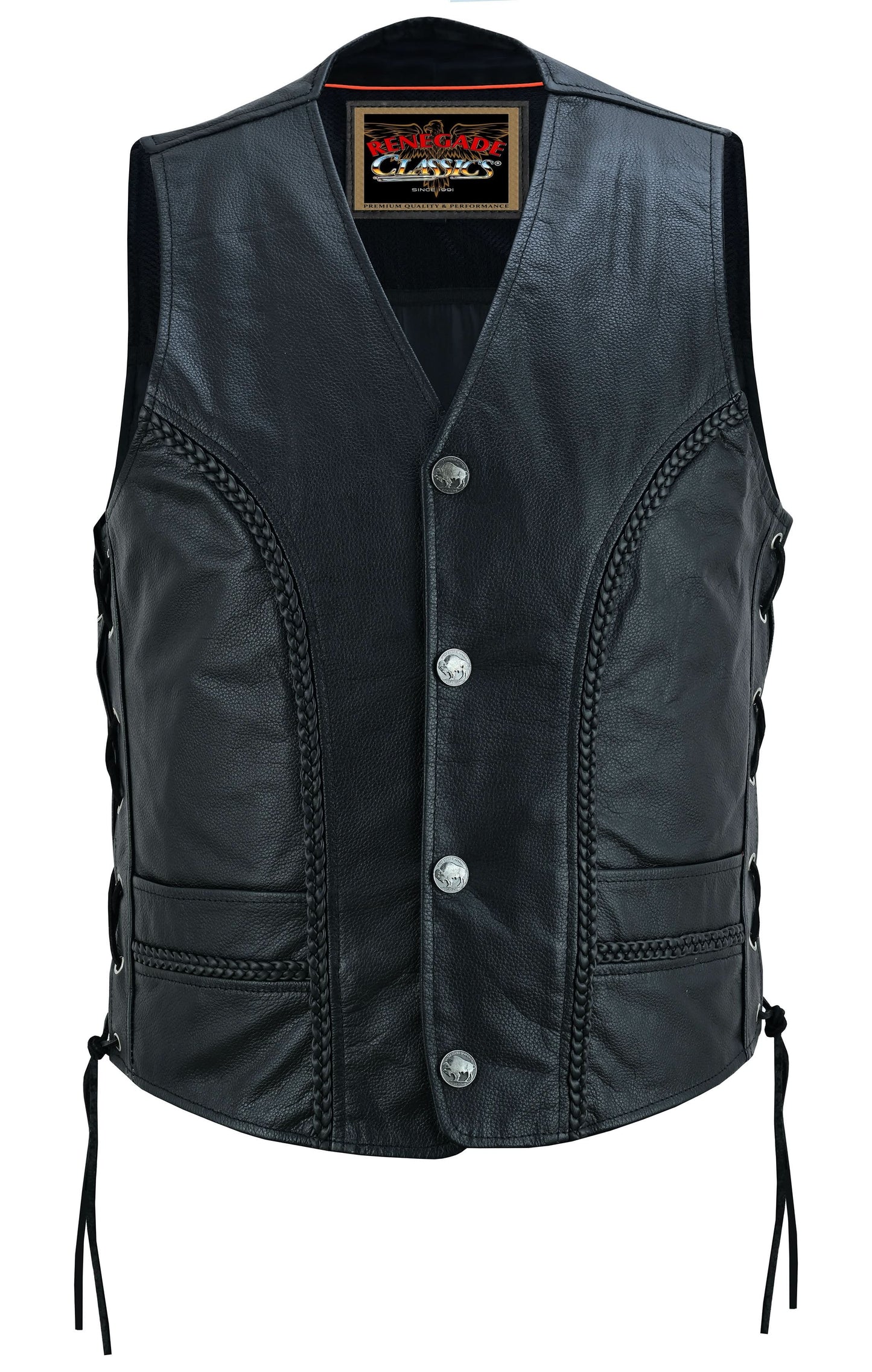 Men's Black Braided Western Leather Motorcycle Vest "Charlie"