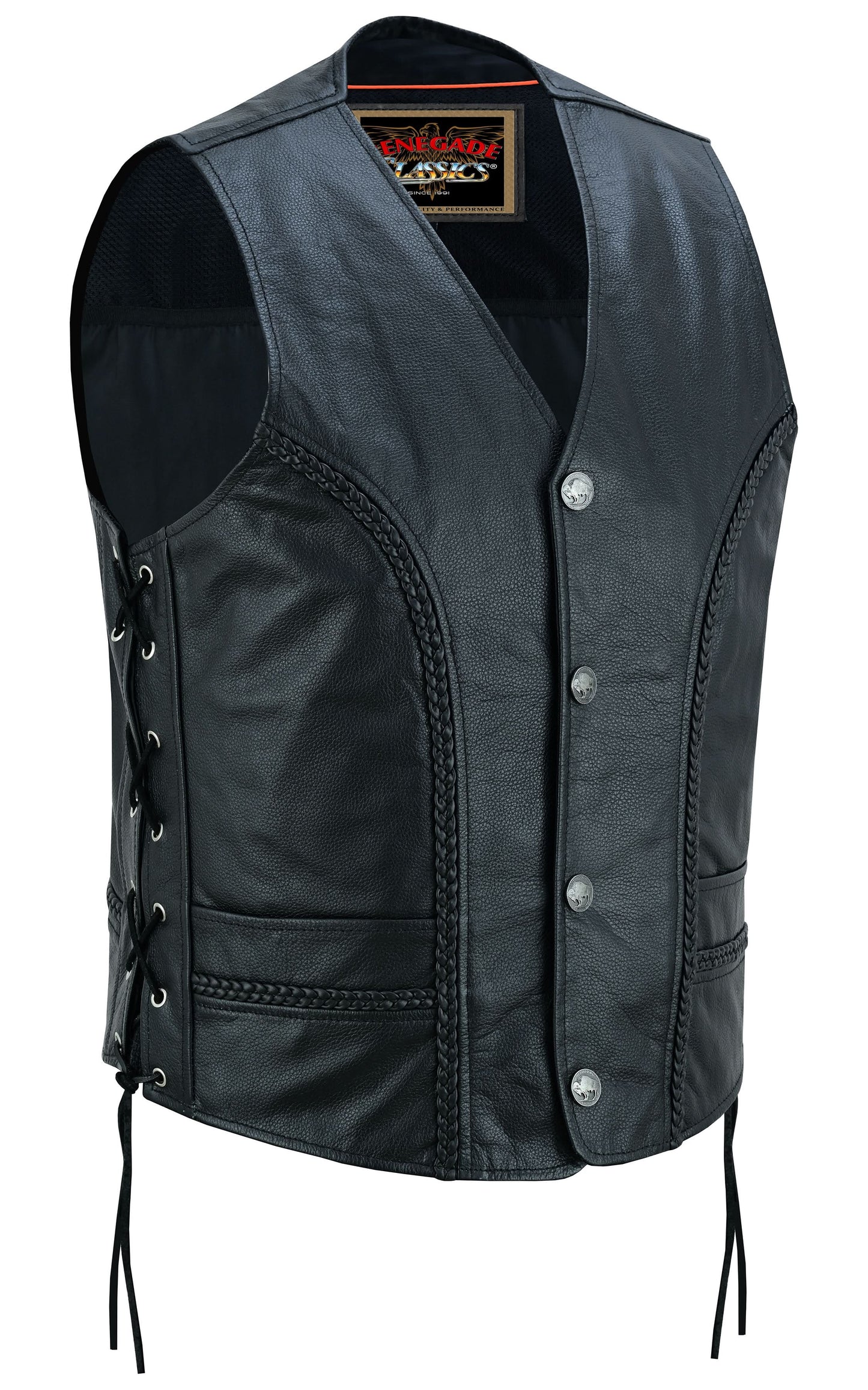 Men's Black Braided Western Leather Motorcycle Vest "Charlie"