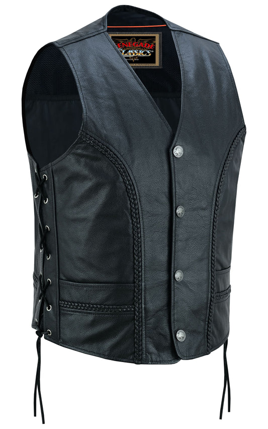 Men's Black Braided Western Leather Motorcycle Vest "Charlie"