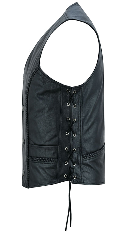 Men's Black Braided Western Leather Motorcycle Vest "Charlie"