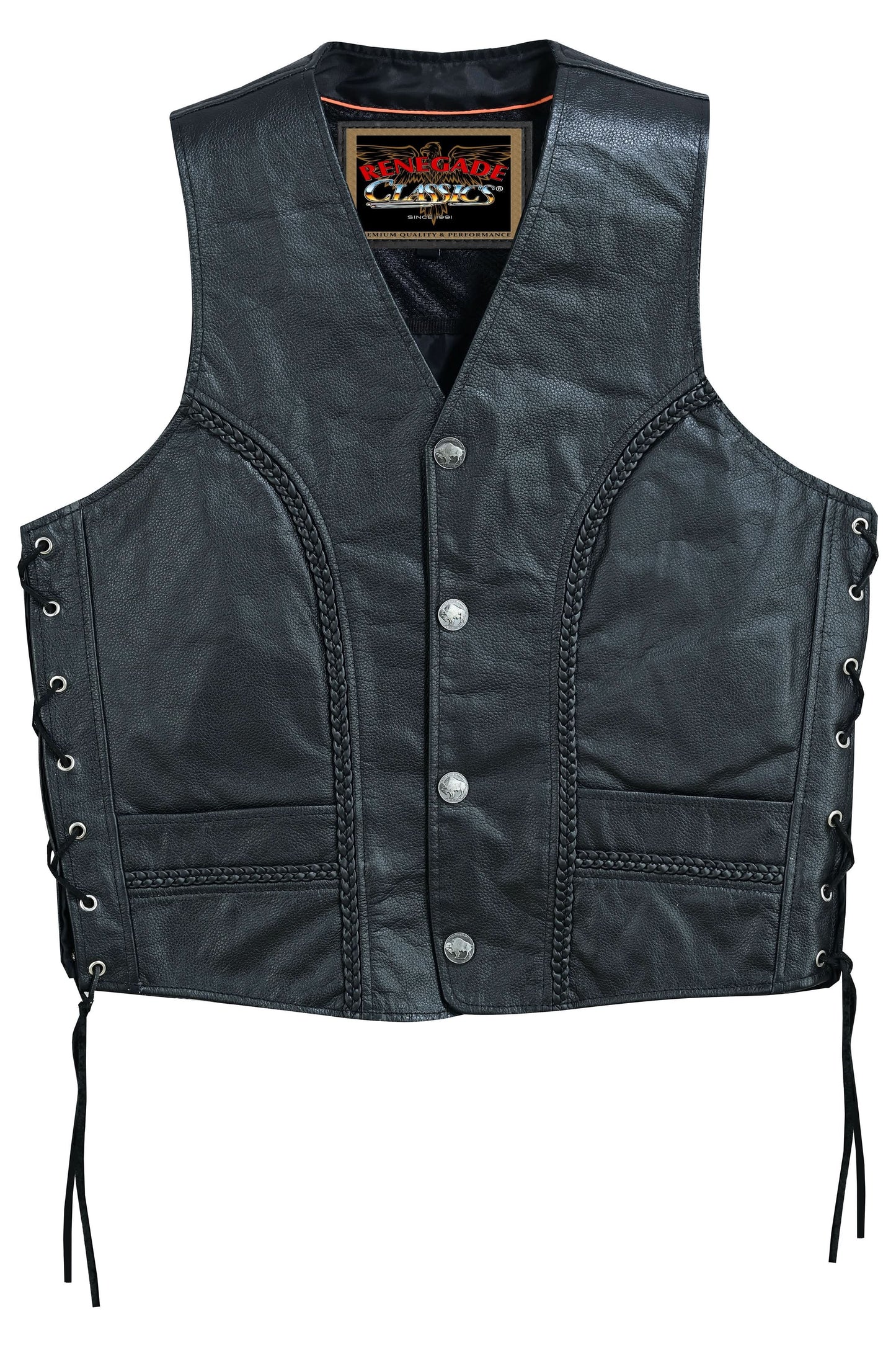 Men's Black Braided Western Leather Motorcycle Vest "Charlie"