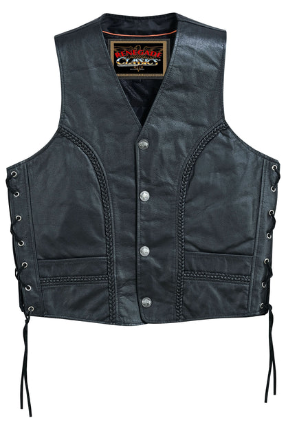Men's Black Braided Western Leather Motorcycle Vest "Charlie"