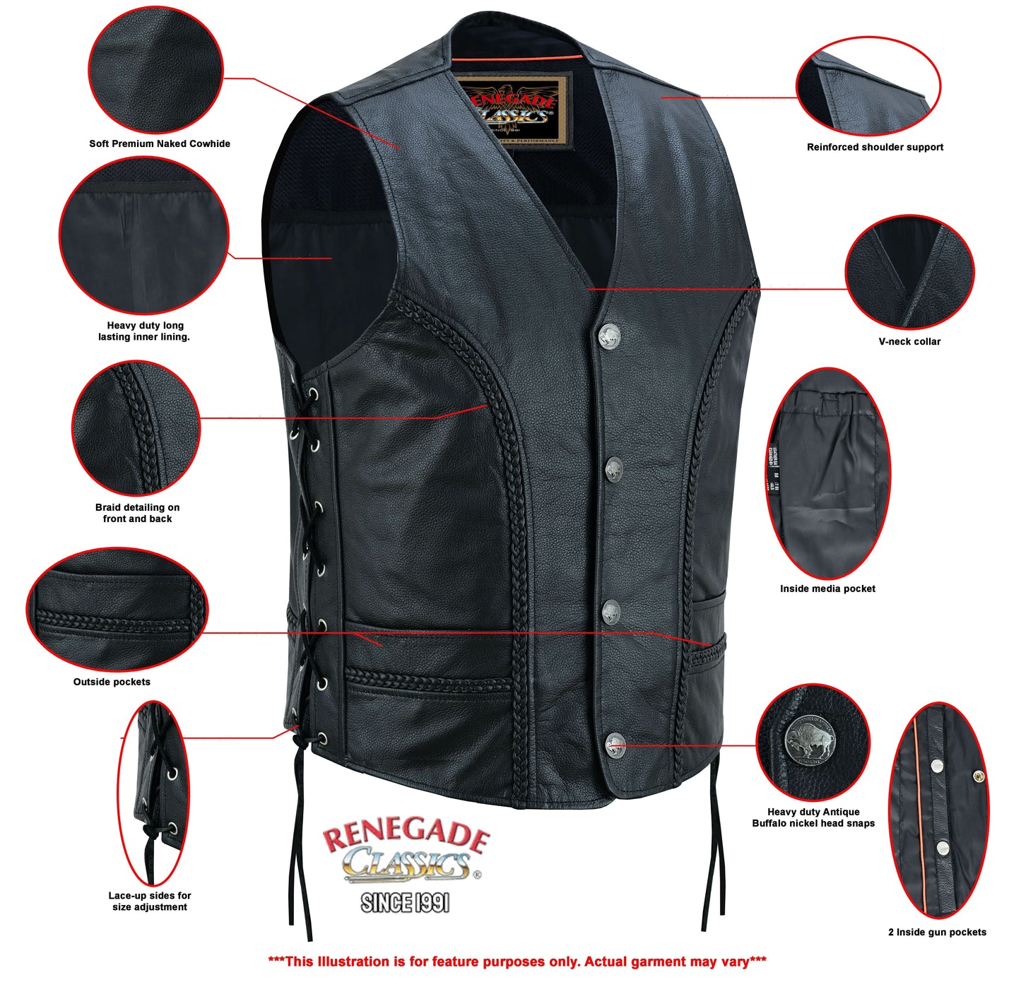 Men's Black Braided Western Leather Motorcycle Vest "Charlie"