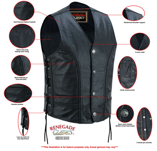 Men's Black Braided Western Leather Motorcycle Vest "Charlie"