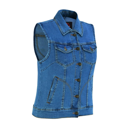 Women's Blue Denim Snap Front Vest with Collar