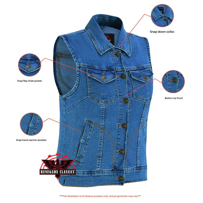 Women's Blue Denim Snap Front Vest with Collar