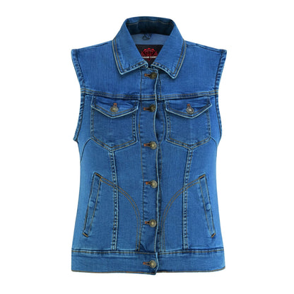 Women's Blue Denim Snap Front Vest with Collar