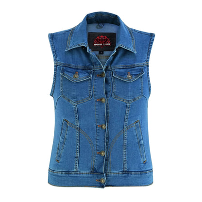 Women's Blue Denim Snap Front Vest with Collar