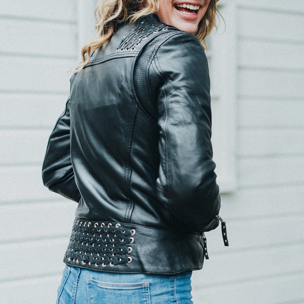 Women's Motorcycle Leather Riding Jacket- "Black Widow"