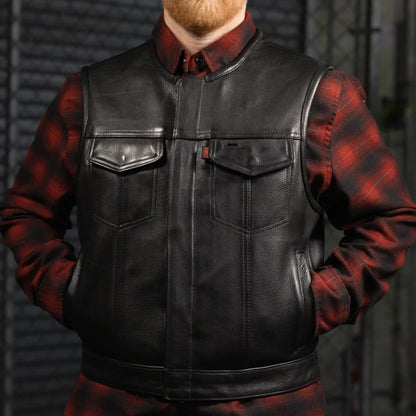 Men's Club Style Leather Motorcycle Vest- "Lowside" in Cognac