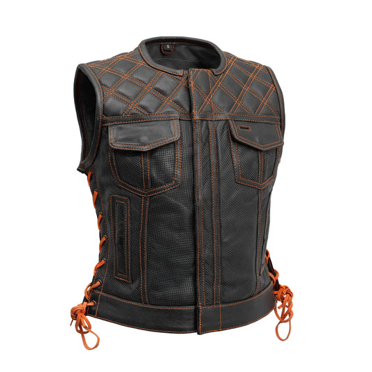 Women's perforated "Bonnie" Motorcycle Leather Vest Orange and Grey