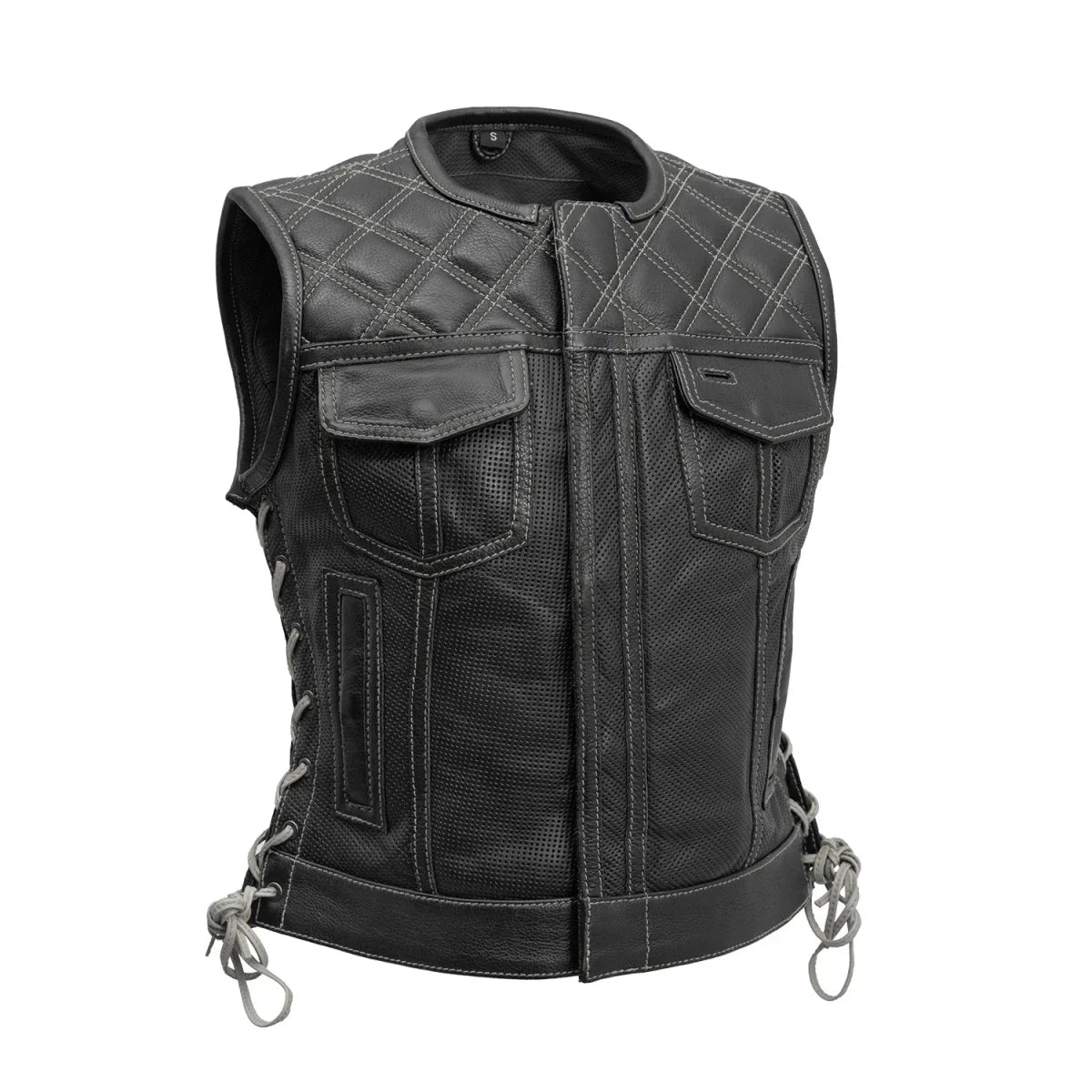 Women's perforated "Bonnie" Motorcycle Leather Vest Orange and Grey