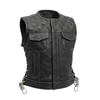 Women's perforated "Bonnie" Motorcycle Leather Vest Orange and Grey