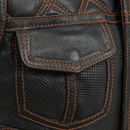 Women's perforated "Bonnie" Motorcycle Leather Vest Orange and Grey