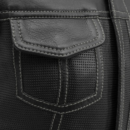 Women's perforated "Bonnie" Motorcycle Leather Vest Orange and Grey