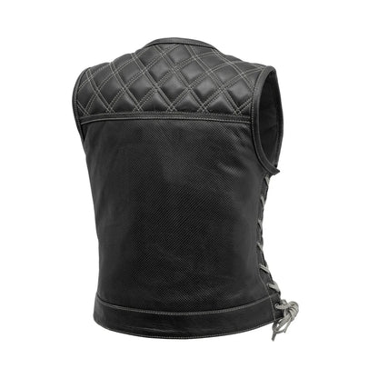 Women's perforated "Bonnie" Motorcycle Leather Vest Orange and Grey