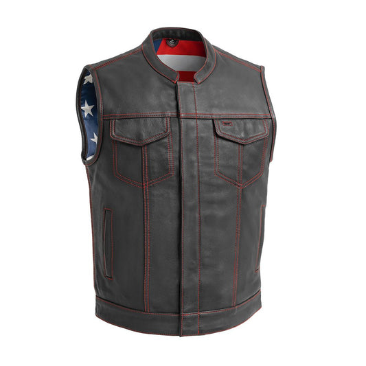 Men's Club Style Leather Motorcycle Vest - "Born Free" Red Stitch and American Flag Lining