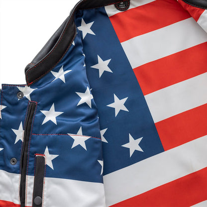 Men's Club Style Leather Motorcycle Vest - "Born Free" Red Stitch and American Flag Lining