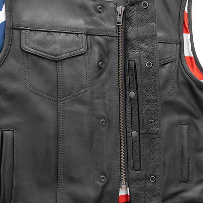 Men's Club Style Leather Motorcycle Vest - "Born Free" with American Flag Lining and black stitching