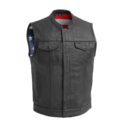 Men's Club Style Leather Motorcycle Vest - "Born Free" with American Flag Lining and black stitching