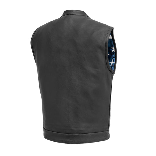 Men's Club Style Leather Motorcycle Vest - "Born Free" with American Flag Lining and black stitching